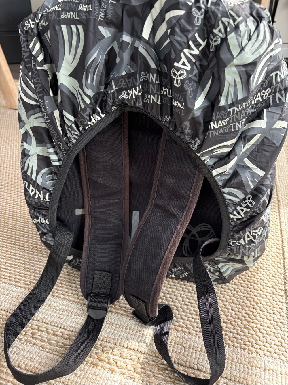 TNA Aritzia Black Monogram Logo Backpack with Rain Cover Y2K 2000s Pockets - Picture 6 of 8